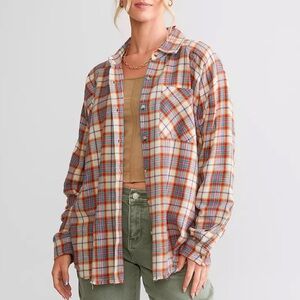 Gilded Intent Fringed DISTRESSED HEM thin boyfriend  flannel top